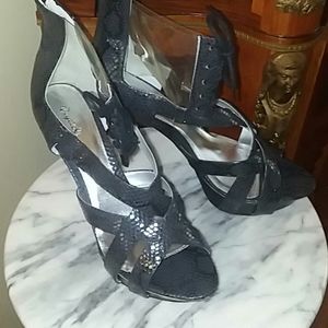 NIB! 5.2 in Black snake print platform stilettos with clear & laced ankle strap